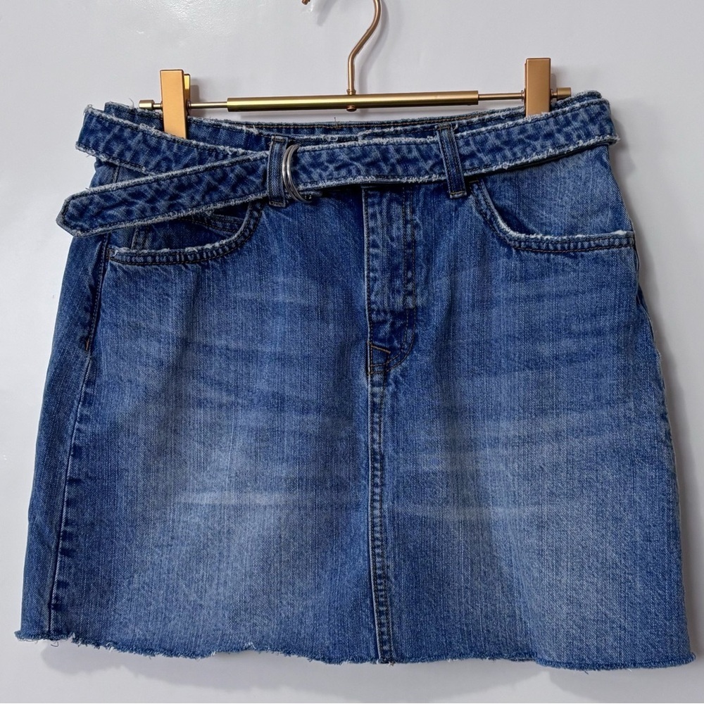 Zara| Belted Medium Blue Denim Jean Mini Skirt Sz S